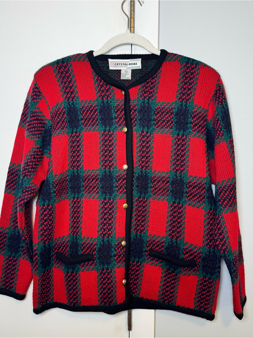 Vintage Red Plaid Button-Front Sweater Cardigan. Gold buttons. Holiday Sweater